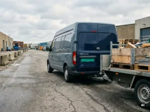 Maxus bestelwagen met beladen aanhangwagen op industriële toegangsweg, trekkoppeling zichtbaar op de voorgrond.