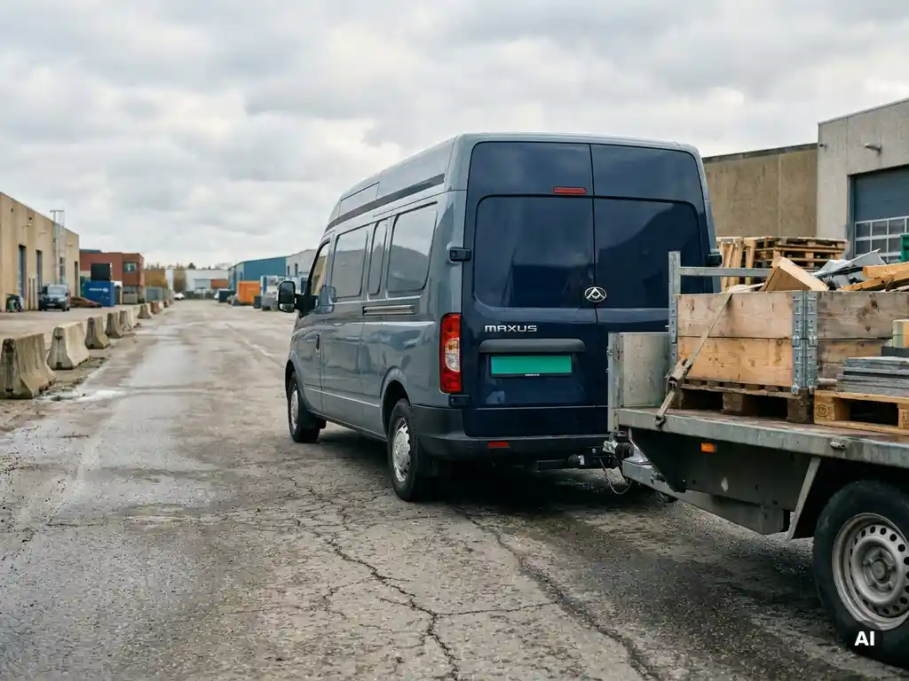 Maxus bestelwagen met beladen aanhangwagen op industriële toegangsweg, trekkoppeling zichtbaar op de voorgrond.