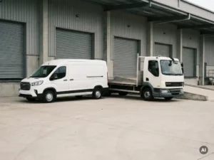 Witte Maxus bestelwagen en compacte DAF lichte vrachtwagen geparkeerd op een commercieel laaddok, industriële magazijnachtergrond.
