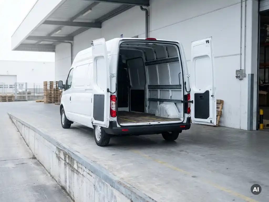 Witte Maxus bestelbus met open laadruimte op industrieel laadperron, zichtbare sjorringen en vloermarkering.