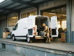 Maxus bestelbus met open achterdeuren op laadperron, vakman laadt uitrusting in ruime laadruimte bij middaglicht.