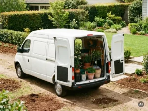 Witte Maxus bestelwagen op hovenierswerkplek met tuingereedschap en potplanten in open laadruimte, verzorgde hagen op de achtergrond.