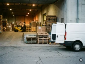 Witte Maxus bestelwagen bij commercieel laaddok, omgeven door houten pallets en een heftruck op de achtergrond.