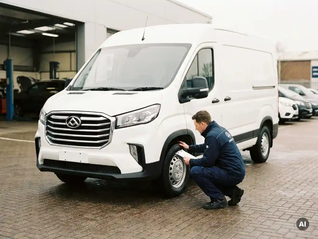 Technicus in uniform inspecteert een witte Maxus bezorgbus op een autodealerterrein bij bewolkt daglicht.