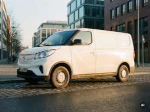 Witte Maxus bezorgbus geparkeerd op een stedelijke straat, fotografeerd vanuit lage hoek in zacht ochtendlicht.