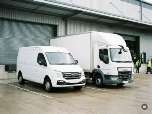 Witte Maxus bestelwagen en DAF vrachtwagen zij aan zij geparkeerd op een commercieel laadperron voor een industrieel magazijn.