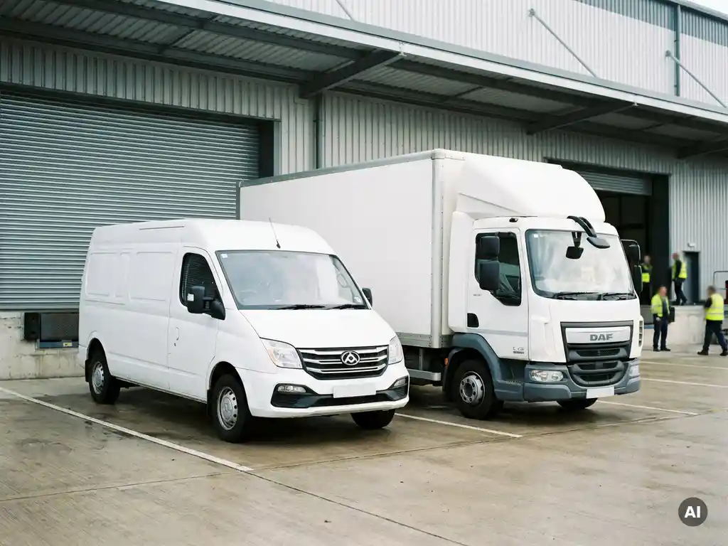 Witte Maxus bestelwagen en DAF vrachtwagen zij aan zij geparkeerd op een commercieel laadperron voor een industrieel magazijn.
