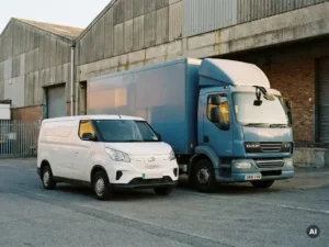 Maxus bestelwagen en DAF lichte vrachtwagen zij aan zij geparkeerd op een commercieel laadterrein met industrieel magazijn op de achtergrond.