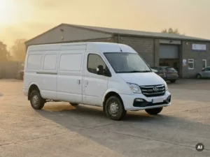 Gebruikte Maxus bezorgbus in driekwart vooraanzicht geparkeerd op commercieel terrein, wit koetswerk in zacht ochtendlicht.