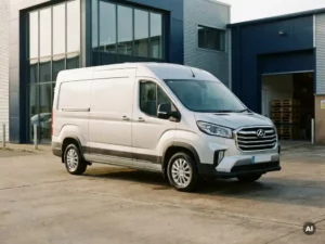 Maxus elektrische bestelwagen geparkeerd op een zakelijk bedrijventerrein in ochtendlicht, met een magazijningang op de achtergrond.
