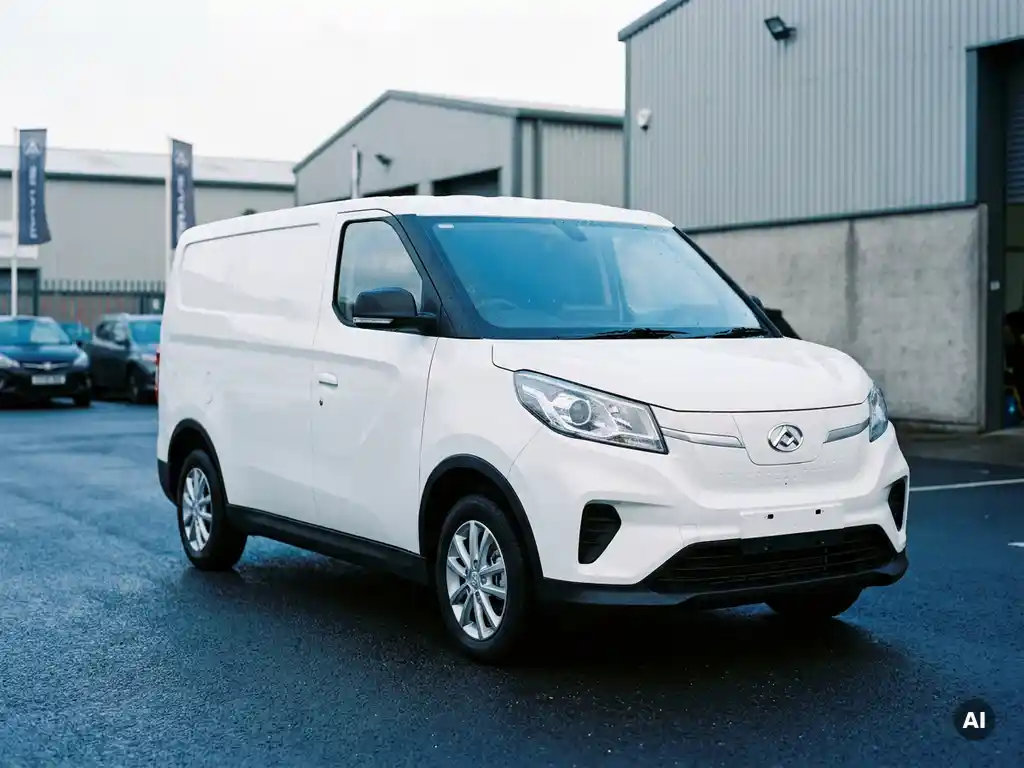 Witte Maxus elektrische bestelwagen geparkeerd op een dealerterrein, gefotografeerd vanuit een driekwart voorhoek bij bewolkt daglicht.