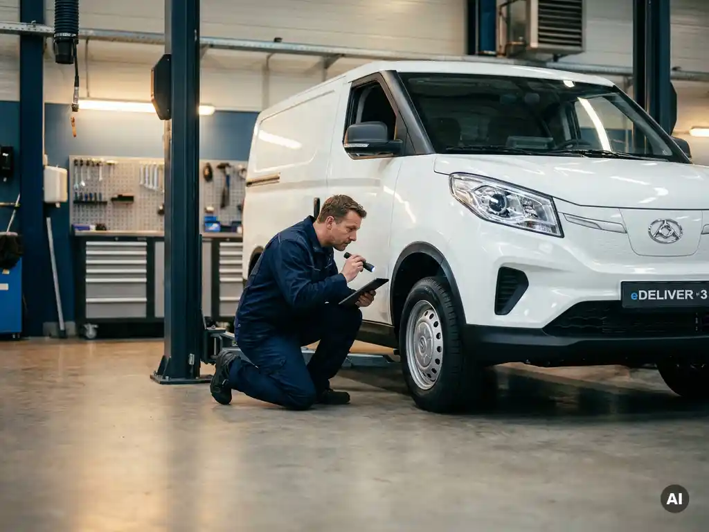 Monteur inspecteert witte Maxus elektrische bestelwagen in professionele dealerwerkplaats met hydraulische lift en gereedschapkasten.