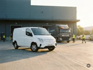Witte Maxus elektrische bestelbus geparkeerd bij ingang van modern logistiek depot in gouden middaglicht.