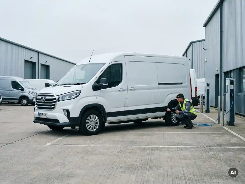 Technicus inspecteert het onderstel van een witte Maxus elektrische bezorgbus op een industrieel logistiek terrein.