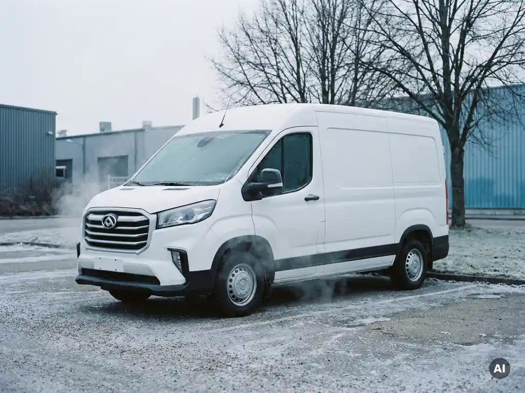 Witte Maxus elektrische bezorgbus op bevroren industrieterrein in de winter, met ijskristallen op de voorruit en kale bomen op de achtergrond.