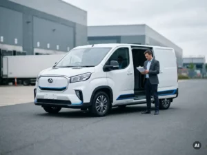 Zakenman bekijkt documenten naast een elektrische Maxus-bestelwagen op een commercieel wagenparkterrein.