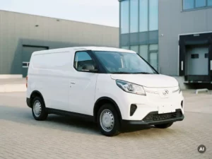 Witte Maxus elektrische bezorgbus geparkeerd op een modern bedrijventerrein, driekwart vooraanzicht in zacht ochtendlicht.