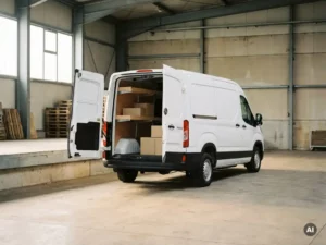 Witte Maxus elektrische bezorgbus met open laaddeuren op een commercieel laaddok, industriële magazijnachtergrond.