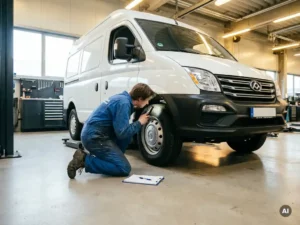 Monteur in werkoverall die wielombouw en onderstel van witte Maxus bestelwagen inspecteert in professionele werkplaats.