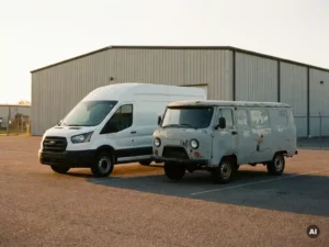 Nieuwe witte bestelbus naast een gebruikte grijze bestelbus op een commercieel voorterrein in ochtendlicht.