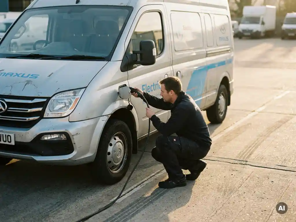 Technicus inspecteert laadpoort van gebruikte elektrische Maxus bezorgbus op commercieel terrein in middagzon.