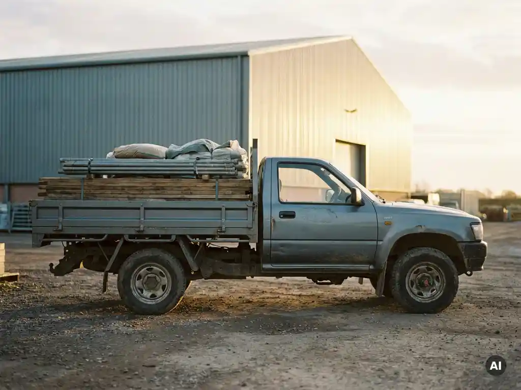 Flatbed pickup truck met bouwmaterialen in de laadbak, geparkeerd op industrieel terrein bij gouden uursbelichting.