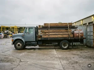 Zwaarbeladen flatbed vrachtwagen boven 3.500 kg met bouwmaterialen geparkeerd op actief logistiek terrein.