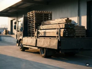 Zware vrachtwagen met houten pallets en bouwmaterialen op laadvloer, geparkeerd op industrieel laadperron in gouden avondlicht.