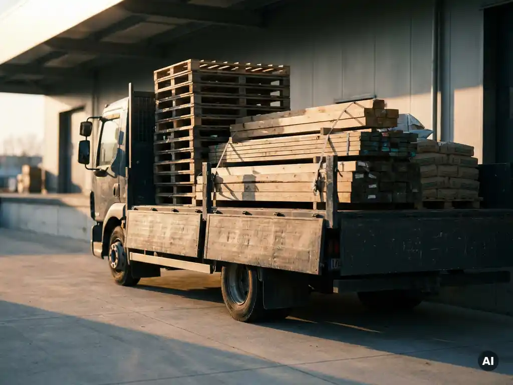 Zware vrachtwagen met houten pallets en bouwmaterialen op laadvloer, geparkeerd op industrieel laadperron in gouden avondlicht.